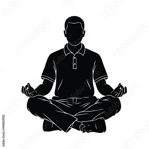 Meditating man silhouette: serene individual in lotus pose practicing mindfulness