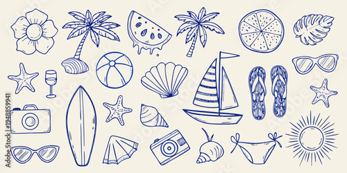 Blue line drawing of various summer themed objects and tropical elements