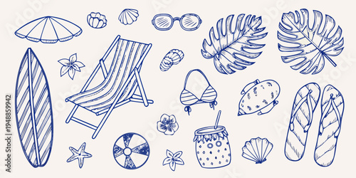 A collection of hand drawn beach and summer vacation themed illustrations