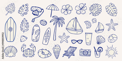 Summer themed doodles including beach items plants and sun protection