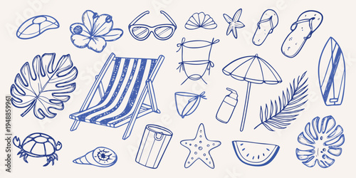 A collection of hand drawn summer vacation items and beach essentials