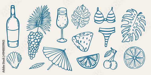 Stylized botanical illustration featuring wine fruit and tropical leaves