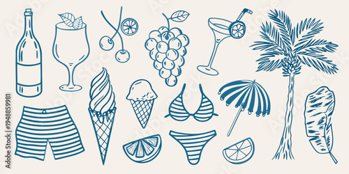 Summer themed doodles including drinks fruit swimwear and tropical plants