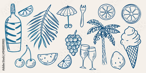 A collection of hand drawn summer themed doodles including fruit drinks and plants