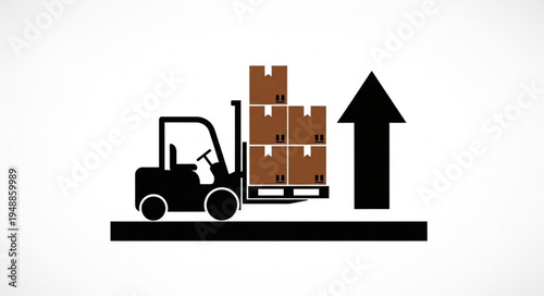 Forklift truck carrying stacked boxes with upward arrow.
