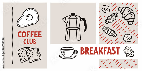 Stylized illustration of breakfast items and coffee with red accents