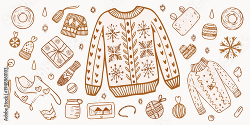 Hand drawn illustration of cozy winter clothing and festive decorative elements