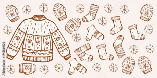 Hand drawn illustration of cozy winter clothing and snowflake patterns