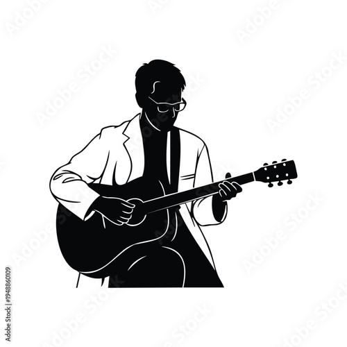 Musician silhouette playing acoustic guitar in professional suit coat