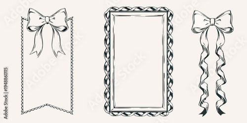 Vintage frame and ribbon banners with delicate hand drawn sketch style