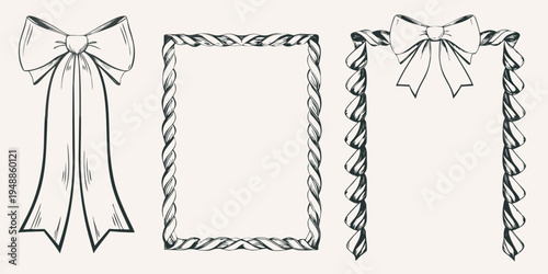 Elegant black and white sketches of bows and a decorative rope frame