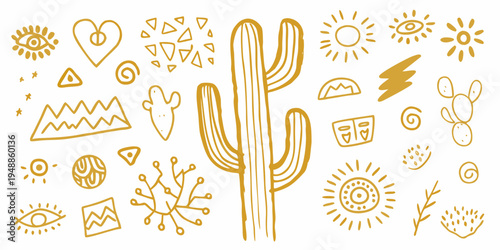 Desert botanical illustration featuring a saguaro cactus and various symbols