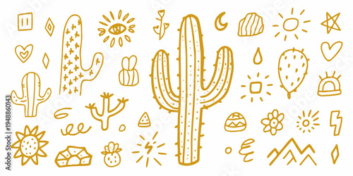 Hand drawn desert cacti and botanical elements in a warm color palette