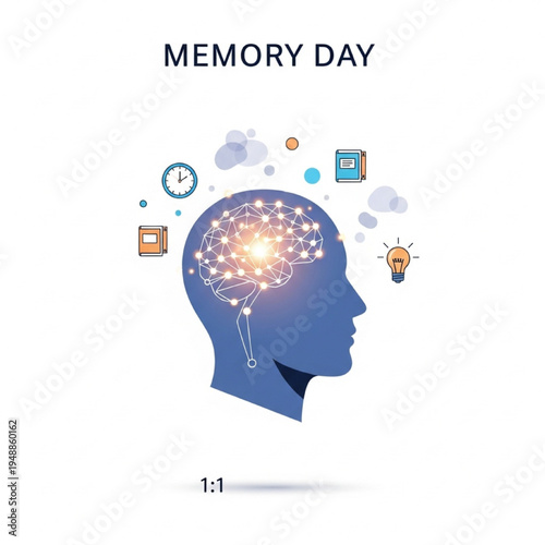 Memory Day Concept with Human Head Brain Nodes Clocks Books and Cognitive Icons Vector Illustration
