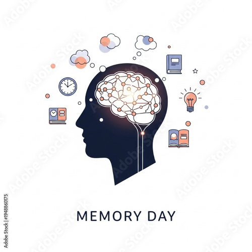 Memory Day Concept with Human Head Brain Nodes Clocks Books and Cognitive Icons Vector Illustration