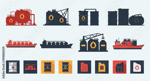 Oil Industry Icons - Storage Tanks, Ships, and Barrels.