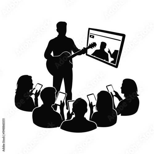 Musician teaching guitar online to audience with phones silhouette
