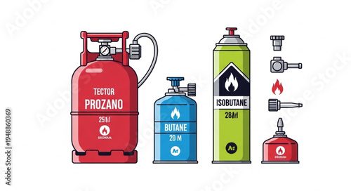 Collection of Portable Gas Stoves and Cylinders for Camping and Outdoor Cooking.