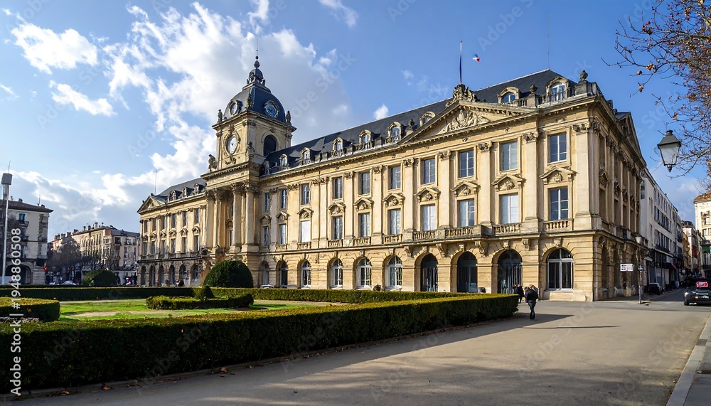 Obraz premium A large, ornate building with a well-manicured lawn and sidewalk