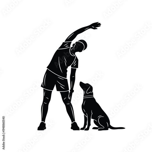 Person exercising with dog silhouette and outstretched arm