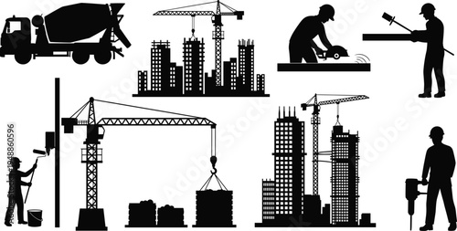 Construction worker silhouettes with cranes, city skyline buildings, painter with roller, carpenter cutting wood and industrial worker representing engineering construction and infrastructure 