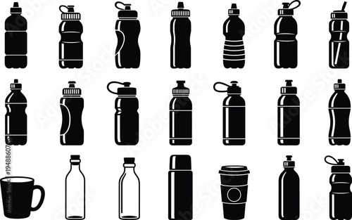 silhouette, bottle, mug, cup, thermos, glass, drink, beverage, water, coffee, container, packaging, hydration, icon, illustration