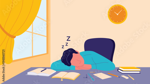Foto tired student sleeping at desk vector illustration showing study fatigue procras