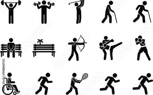 silhouette, fitness, sports, exercise, leisure, martial, boxing, tennis, golf, running, wheelchair, cane, accessibility, activity, icon