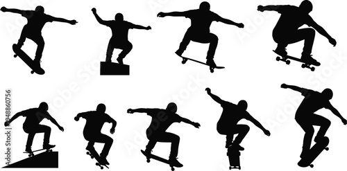 "Collection of ten skateboarding silhouettes showing athletes performing tricks, flips, jumps, and grabs, representing youth culture, extreme sports, balance, and dynamic motion"