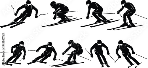 "Collection of eight skiing silhouettes showing dynamic downhill poses with skis and poles, representing alpine sport, winter activity, motion, fitness, and adventure lifestyle"