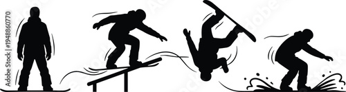 Snowboarder action silhouettes showing winter sport tricks including jump, rail slide, flip and landing isolated on white background for extreme sport and adventure concept
