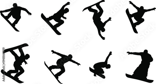Snowboarder silhouettes performing aerial tricks and stunts, showcasing winter sports motion, freestyle snowboarding techniques, athletic movement, and recreational outdoor activity 