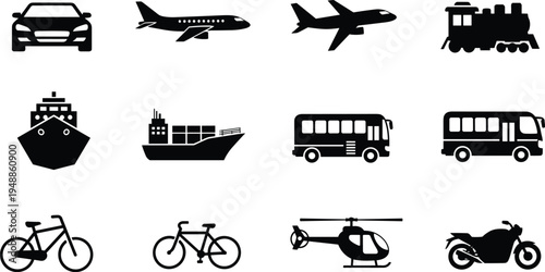 Transportation vehicle silhouettes collection including car airplane train ship cargo bus bicycle helicopter and motorcycle isolated on white background transport vector icon set