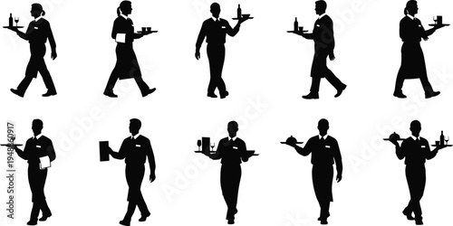 "Collection of ten waitstaff silhouettes holding trays with glasses, bottles, and plates, representing restaurant service, hospitality, professionalism, dining, and customer care"