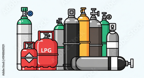Collection of Various Gas Cylinders and Tanks for Industrial and Domestic Use.