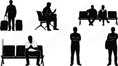 "Collection of six waiting area silhouettes showing travelers with luggage, seated figures using phones or reading, and standing poses, representing travel, communication, and public spaces"