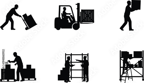 Warehouse worker silhouettes performing industrial tasks including forklift operation, box handling, pallet stacking, and inventory management, representing logistics, teamwork