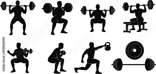 Weightlifting and strength training silhouette collection with barbell squat, kettlebell workout and gym exercises, fitness athlete icons isolated on white background vector set