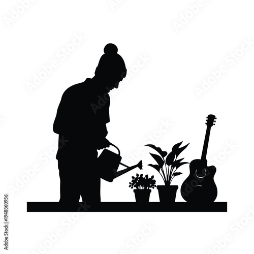 Person watering plants silhouette with guitar silhouette