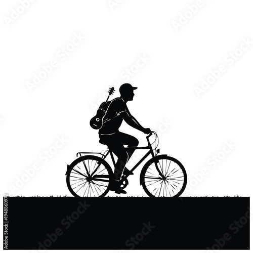Person on bicycle carrying guitar silhouette, traveling musician concept