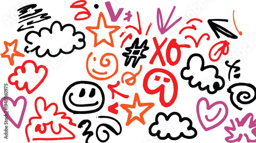 Vibrant collection of expressive hand-drawn doodles and symbols for playful graphic designs