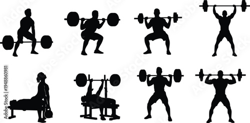 Weightlifting silhouettes collection featuring athletes performing barbell exercises including squats, deadlifts, presses, and lifts, perfect for fitness, bodybuilding, gym training