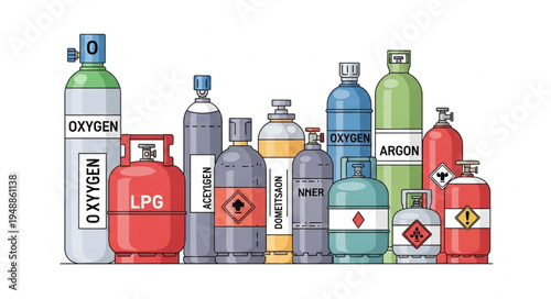 Various Industrial Gas Cylinders with Hazard Labels Illustration.