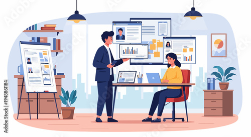 Businessman and woman talking.