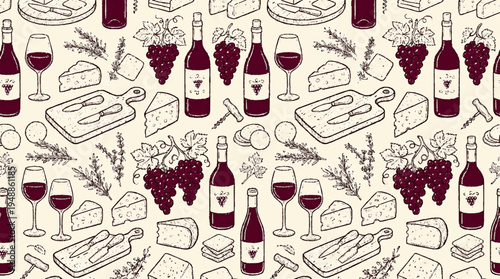 Seamless pattern of wine and cheese doodles on cream background with grapes bottles glasses and cheese boards