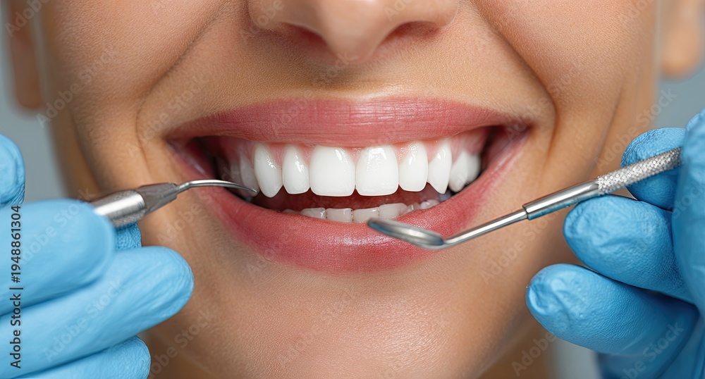 Fototapeta premium Close-up of a bright white smile with dental tools held by gloved hands