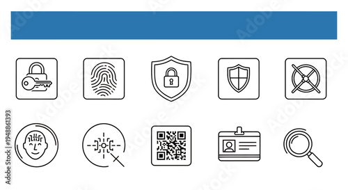 Collection of cybersecurity and privacy icons showing security shield, lock, fingerprint, and related protections.
