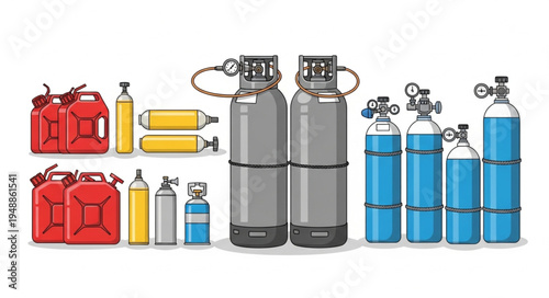 Various types of gas and fuel containers for industrial and domestic use.
