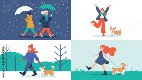 Foto people walking dogs in rainy weather flat vector illustration set featuring umbr