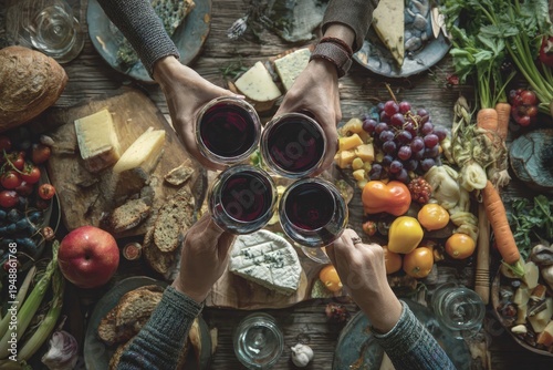 Friends toasting with red wine amidst a bountiful spread of cheeses and fresh produce